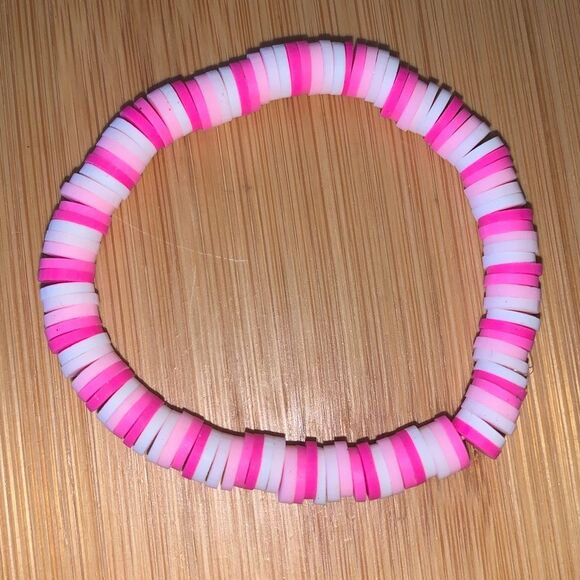 5.2 Handmade Strechy Pink Clay Bead Bracelet Pink White. - Picture 2 of 2
